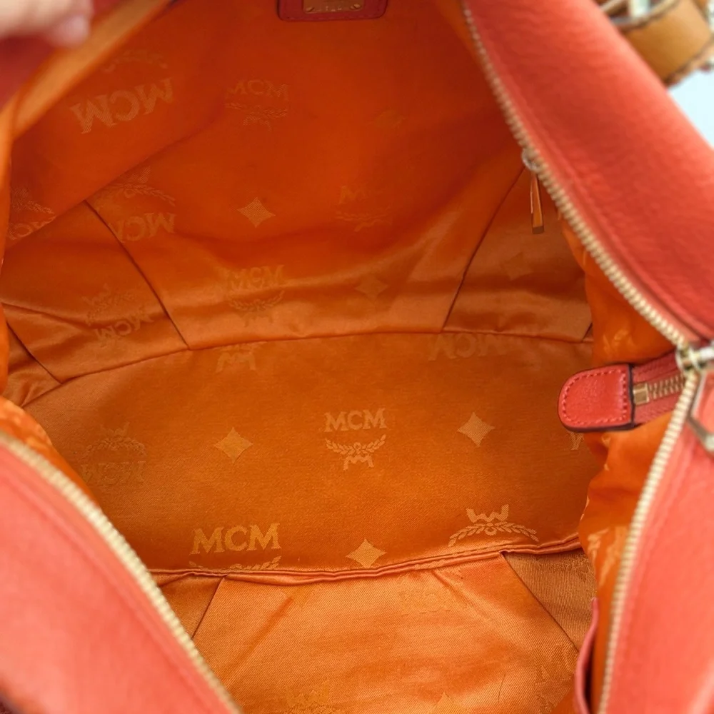 MCM Large Orange Embossed Leather Satchel two-way carry - Picture 9 of 11